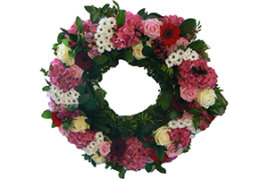 Blommor till begravning Södertälje - Beställ blommor till begravning - krans till begravning rosa rött och vitt